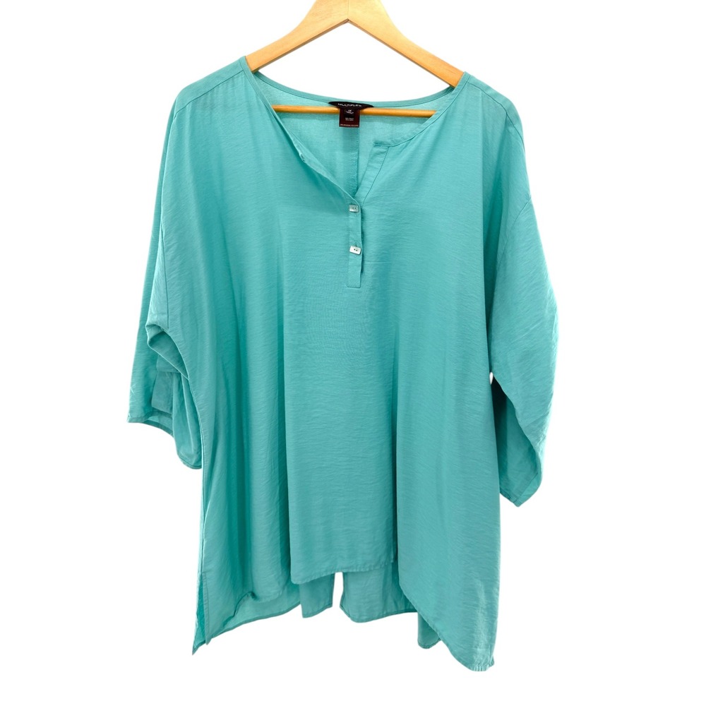 Multiples Women 1X Aqua Blue 3/4 Sleeve Henley Tunic Top Rayon Blend Slub Vent